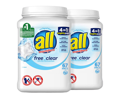 all mighty pacs laundry detergent, free clear for sensitive skin, 134 washes